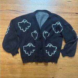 Shein black ghost Halloween chunky knit cardigan sweater SIZE 1XL